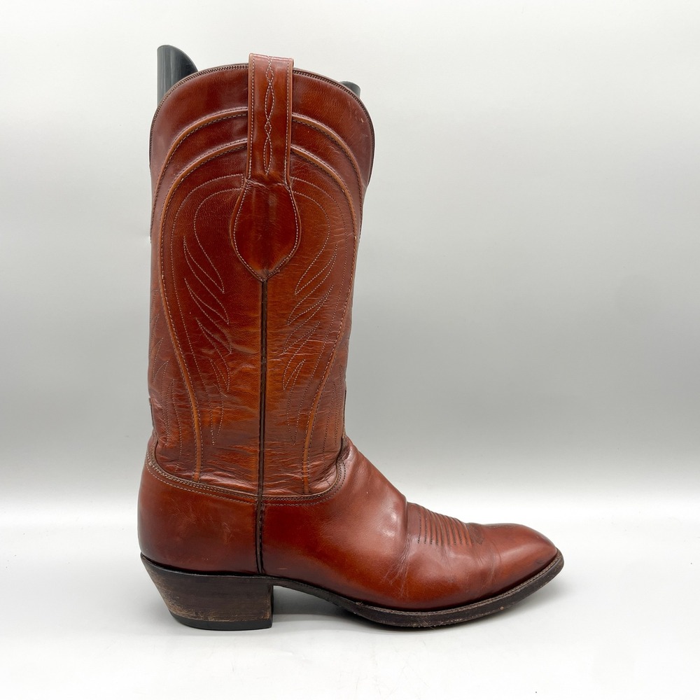 Lucchese Mens 10.5 B Western Cowboy Boots Cognac Brown Leather Snip Toe Classic